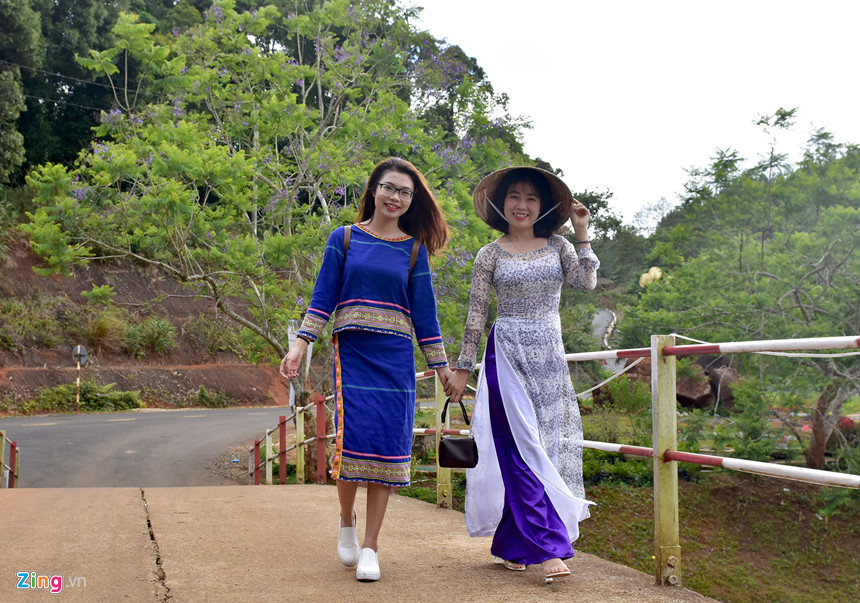 Tourists walk around to visit "purple phoenix garden" at Dak Ke lake. Tourist Lam Tieu Giao (living in Quang Ngai), shared that he was lucky to visit Mang Den for the first time during the blooming season of myrtle flowers and purple poinciana.